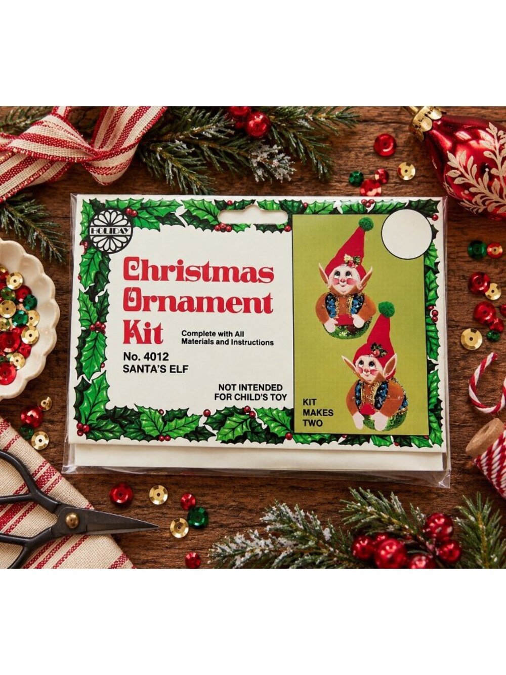Vintage Holiday Push Pin Ornament Christmas Craft Kit Santas Elf Elves Beaded